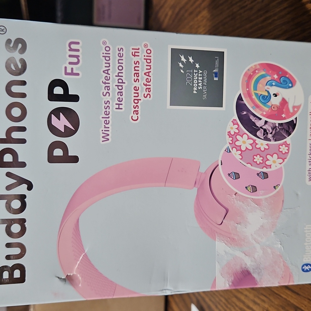 Buddy Phones Pop Fun Wireless SafeAudio Headphones With Stickers In Pink - NIB